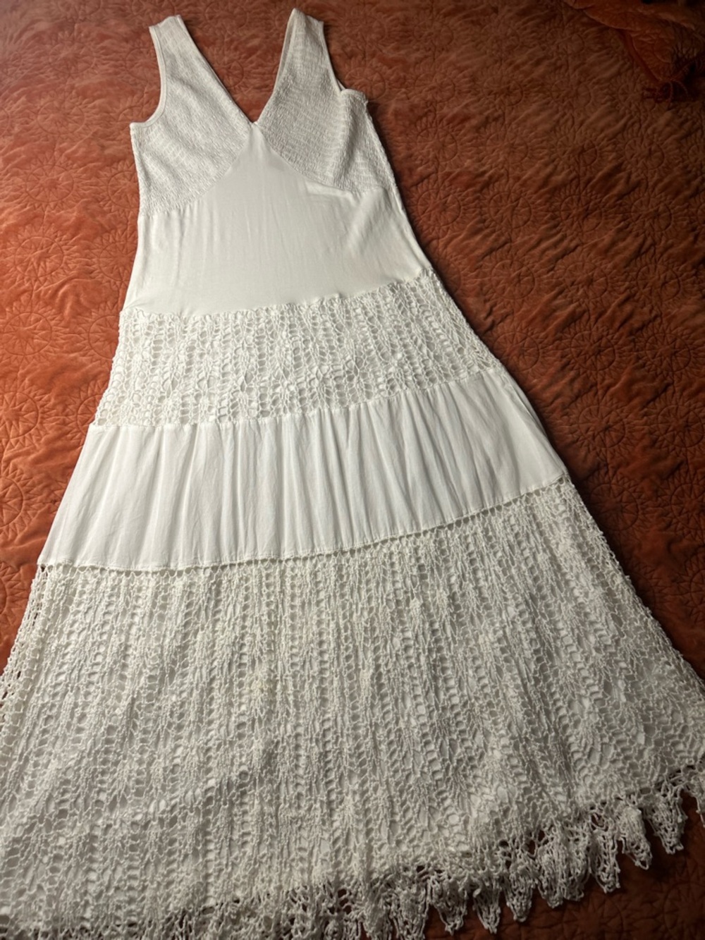Christina White Crochet-Tiered Sleeveless Maxi Dress